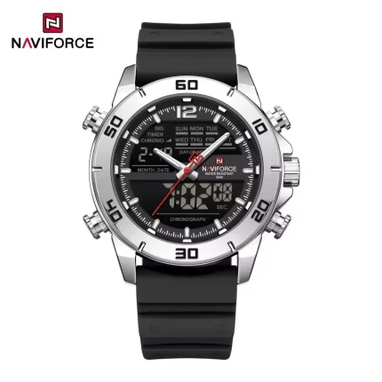 Naviforce 9253 Dual Time Rubber Belt Men's Watch- Black/Silver