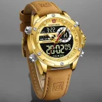 Naviforce 9208 Dual Time Leather Belt Men's Watch- Golden
