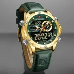 Naviforce 9208 Dual Time Leather Belt Men's Watch- Green/Golden