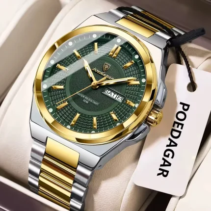 Poedagar 896 Stainless Steel Men's Watch- Silver Golden/Green