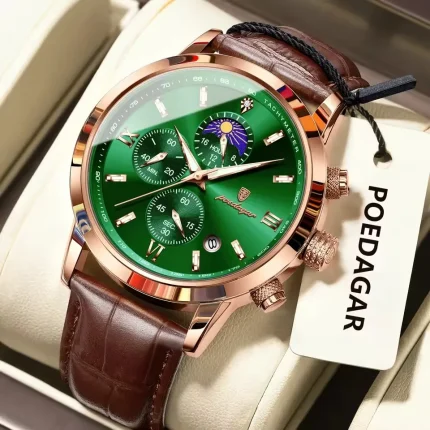Poedagar 882 Chronograph Leather Belt Men's Watch- Brown/Green