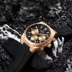 Naviforce 8080 Chronograph Rubber Belt Men's Watch- Black/Rose Gold - Image 2