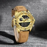 Naviforce 9262 Dual Time Leather Belt Men's Watch- Golden