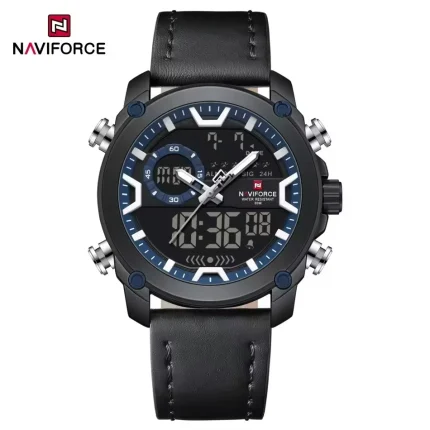 Naviforce 9261 Dual Time Leather Belt Men's Watch- Black/Blue