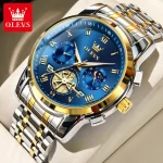 Olevs 2859 Chronograph Men's Watch- Silver Golden/Blue - Image 2