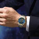 Poedagar 996 Chronograph Men's Watch- Silver Golden/Blue - Image 3