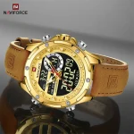 Naviforce 9208 Dual Time Leather Belt Men's Watch- Golden - Image 2