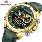 Naviforce 9208 Dual Time Leather Belt Men's Watch- Green/Golden - Image 3