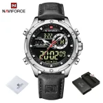 Naviforce 9208 Dual Time Leather Belt Men's Watch- Black/Silver