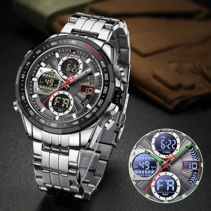 Naviforce 9197 Dual Time Stainless Steel Men's Watch- Silver/Black