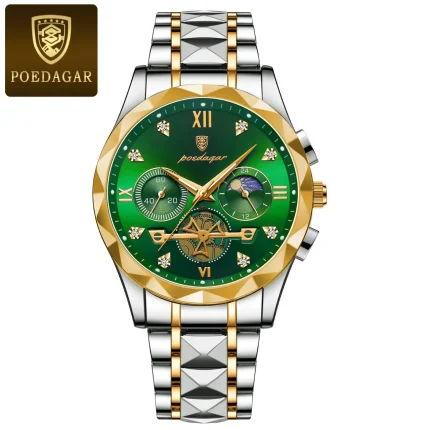 Poedagar 996 Chronograph Men's Watch- Silver Golden/Green