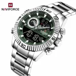 Naviforce 9262 Dual Time Stainless Steel Men's Watch- Silver/Green - Image 2