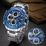 Naviforce 9197 Dual Time Stainless Steel Men's Watch- Silver/Blue