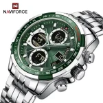 Naviforce 9197 Dual Time Stainless Steel Men's Watch- Silver/Green - Image 3