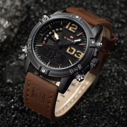 Naviforce 9095 Dual Time Leather Belt Men's Watch- Brown