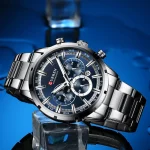 Curren 8355 Chronograph Stainless Steel Men's Watch- Silver/Blue - Image 3