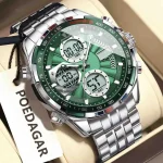 Poedagar E108 Dual Time Stainless Steel Men's Watch- Silver/Green