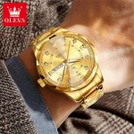 Olevs 5609 Diamond Cut Glass Men's Watch- Golden - Image 4