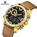 Naviforce 9261 Dual Time Leather Belt Men's Watch- Golden - Image 2
