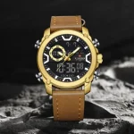 Naviforce 9261 Dual Time Leather Belt Men's Watch- Golden - Image 4