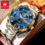 Olevs 5609 Diamond Cut Glass Men's Watch- Silver Golden/Blue - Image 6