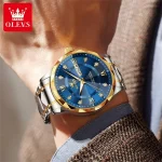 Olevs 5609 Diamond Cut Glass Men's Watch- Silver Golden/Blue - Image 5