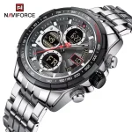 Naviforce 9197 Dual Time Stainless Steel Men's Watch- Silver/Black - Image 2