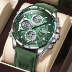 Poedagar E108 Dual Time Leather Belt Men's Watch- Green