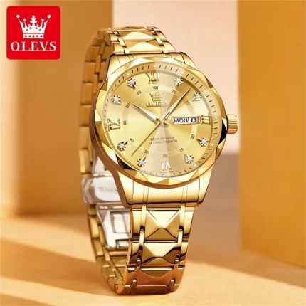 Olevs 5609 Diamond Cut Glass Men's Watch- Golden