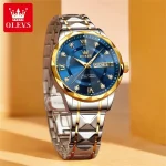 Olevs 5609 Diamond Cut Glass Men's Watch- Silver Golden/Blue