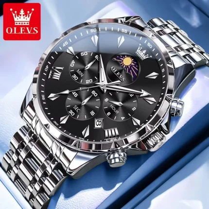 Olevs 3653 Chronograph Men's Watch- Silver/Black