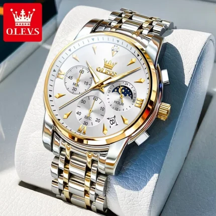 Olevs 3639 Chronograph Men's Watch- Silver Golden/White