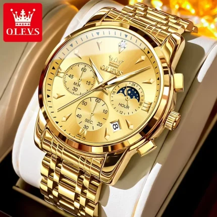 Olevs 3639 Chronograph Men's Watch- Golden