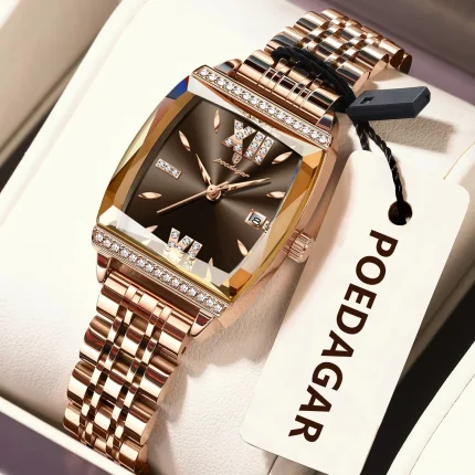 Poedagar 795 Diamond Cut Glass Stainless Steel Ladies Watch- Rose Gold/Brown