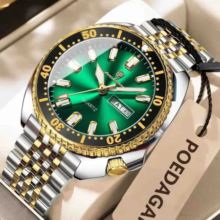 Poedagar 682 Stainless Steel Men's Watch- Silver Golden/Green