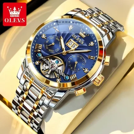 Olevs 9910 Automatic Mechanical Men's Watch- Silver Golden/Blue